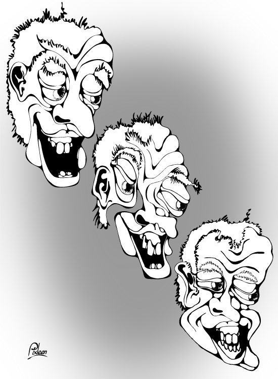 Portraits des 3 aieux de Meauterfeuil : dessin au trait noir sur fond gris
