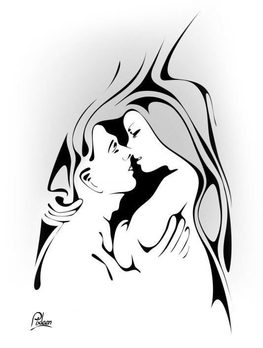 Dessin d'un couple amoureux qui se regarde : trait noir et nuances de gris