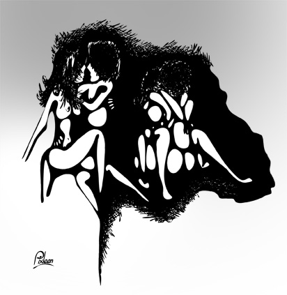 Dessin au trait noir avec nuances de gris de couples en amour sur fond d'une tête de singe