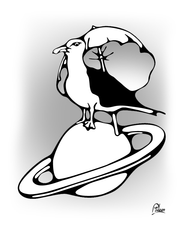 Dessin d'un goéland sur Saturne tel le Petit Prince à l'ombre de sa rose : illustration au trait noir avec nuances de gris