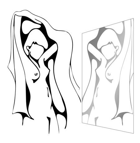 Illustration de poésie : dessin d'un femme devant son reflet dans un miroir